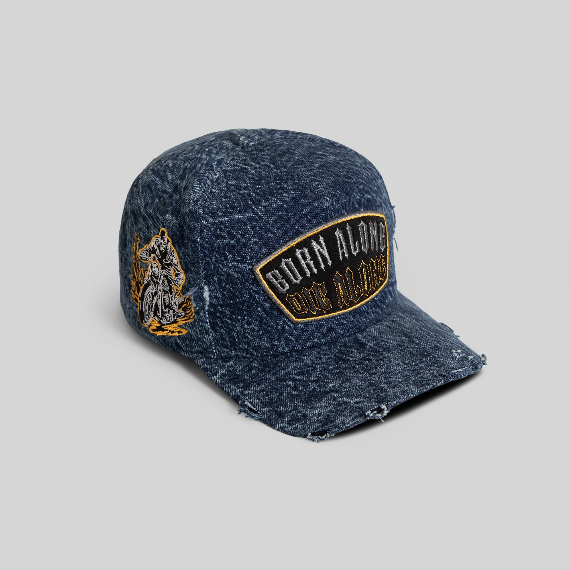 Field Grade BORN ALONE BLUE DISTRESSED DENIM TRUCKER