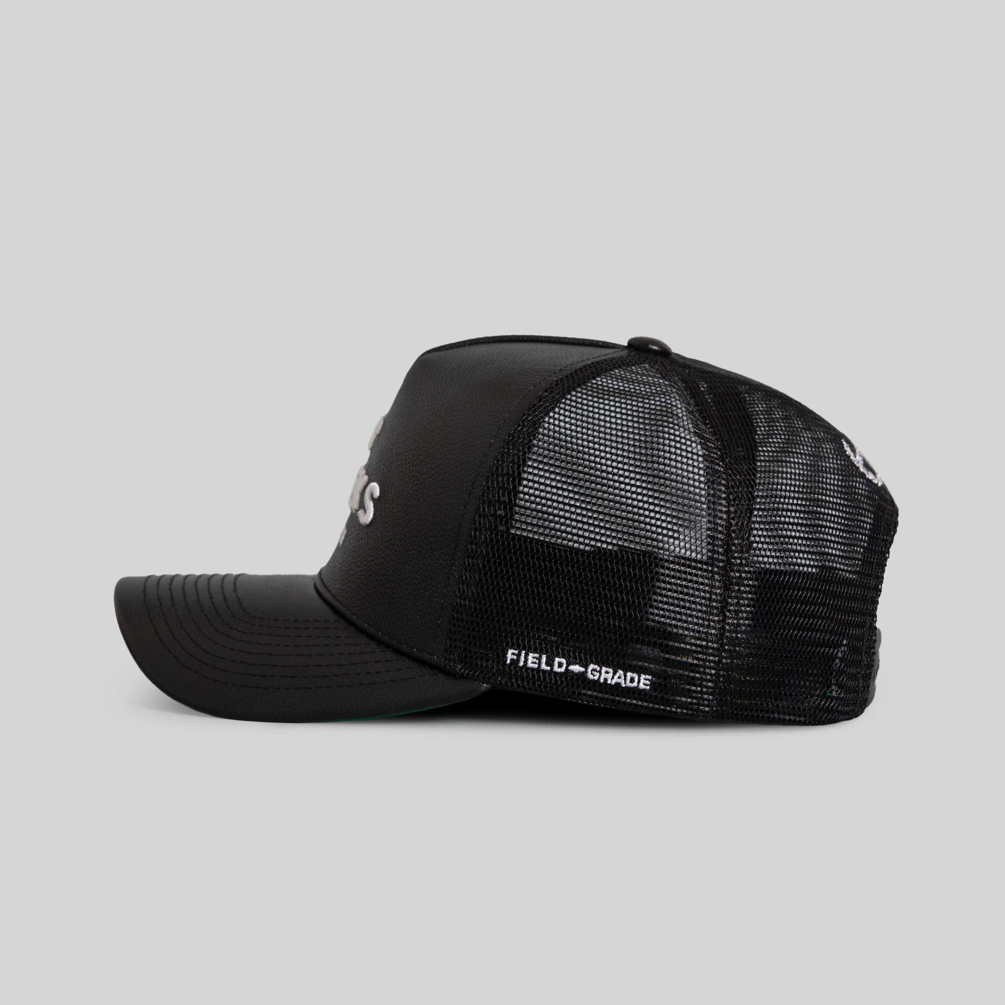 Field Grade NO F*CKS GIVEN BLACK CAVIAR LEATHER MESH TRUCKER - Image 3
